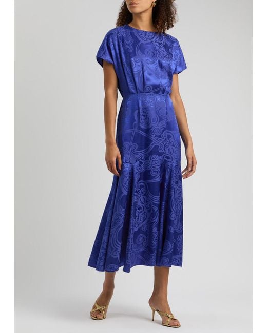 Never Fully Dressed Blue Erin Satin-Jacquard Midi Dress
