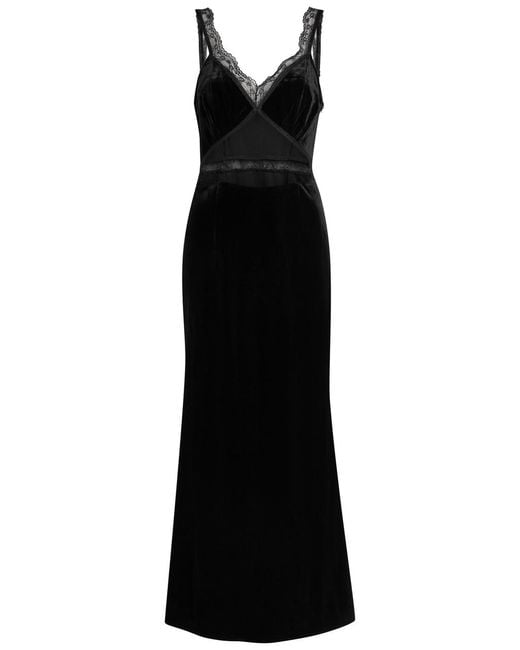 Never Fully Dressed Black Lace-Embellished Velvet Midi Dress