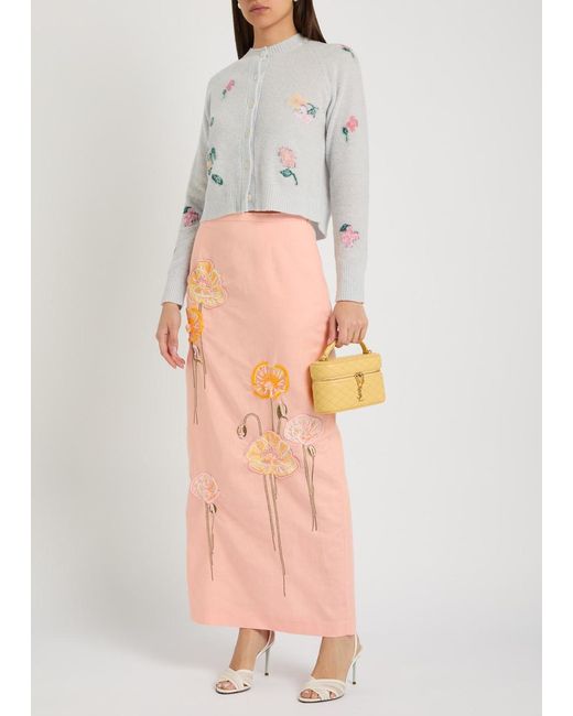 BERNADETTE Pink Norma Floral-Embroidered Cotton And Linen-Blend Midi Skirt