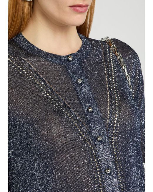 Rabanne Blue Embellished Metallic-Knit Cardigan