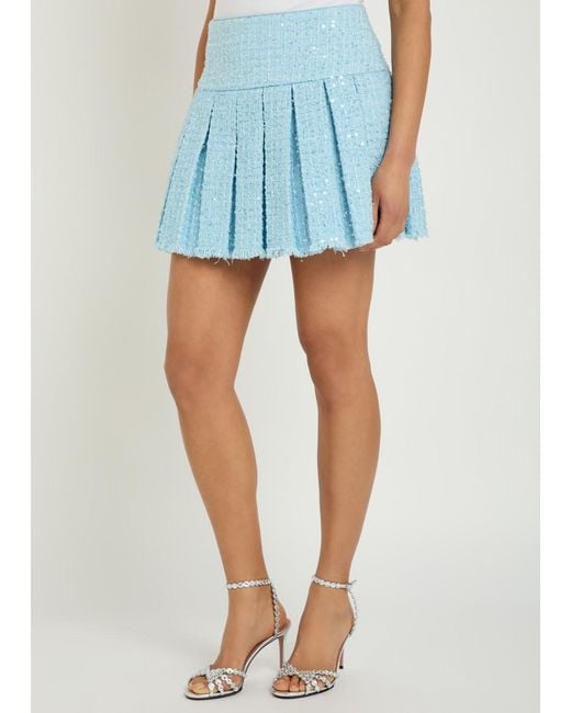 Alice + Olivia Blue Emilie Embellished Pleated Tweed Mini Skirt
