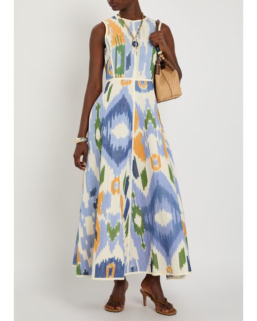 Emporio Sirenuse Blue Clodette Printed Cotton And Linen-Blend Midi Dress
