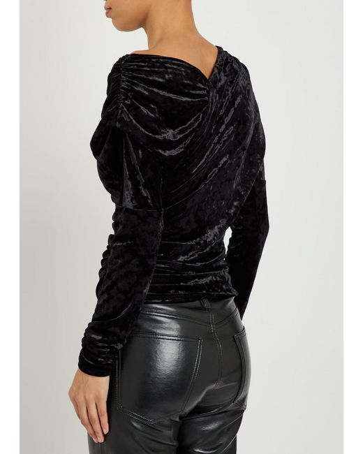 Ganni Black Ruched Asymmetric Velour Blouse