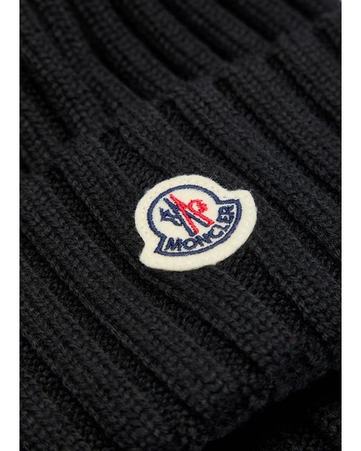 Moncler Black Ribbed Wool Bobble Hat