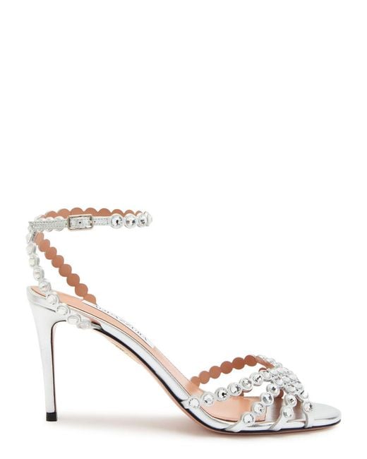 Aquazzura Tequila 85 Embellished Metallic Leather Sandals