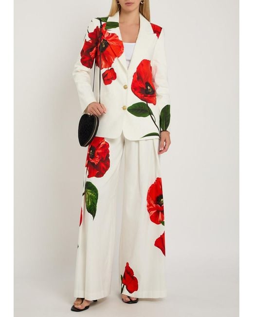 Alice + Olivia White Blaire Floral-Print Pleated Wide-Leg Trousers