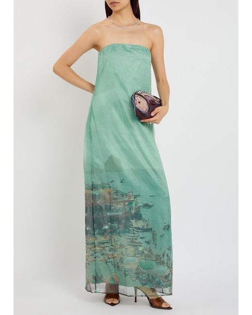 Staud Green Amara Printed Embellished Organza Maxi Dress