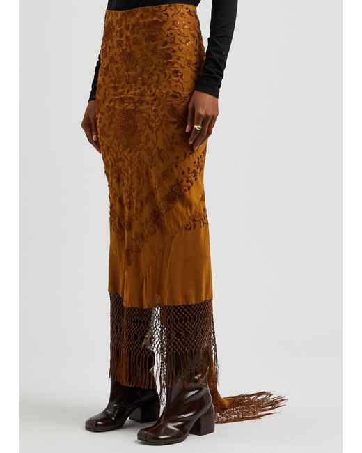 Conner Ives Brown Piano Floral-embroidered Silk Maxi Skirt