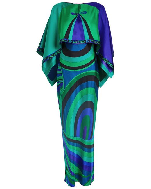 Emilio Pucci Green Iride Cape-Effect Silk-Twill Maxi Dress