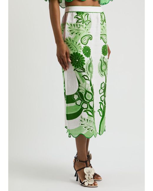 Farm Rio Green Color Festival Printed Linen Midi Skirt