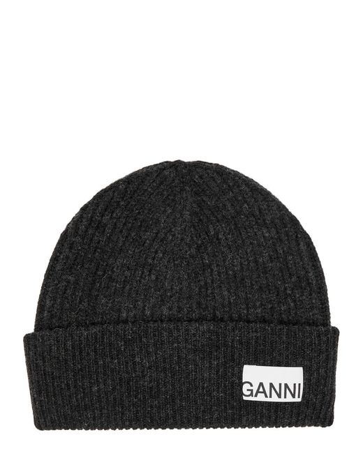 Ganni Black Ribbed Wool-Blend Beanie
