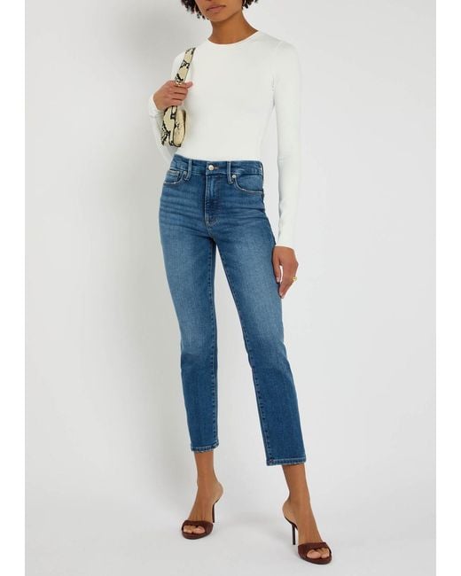 GOOD AMERICAN Blue Slim Straight-Leg Cropped Jeans