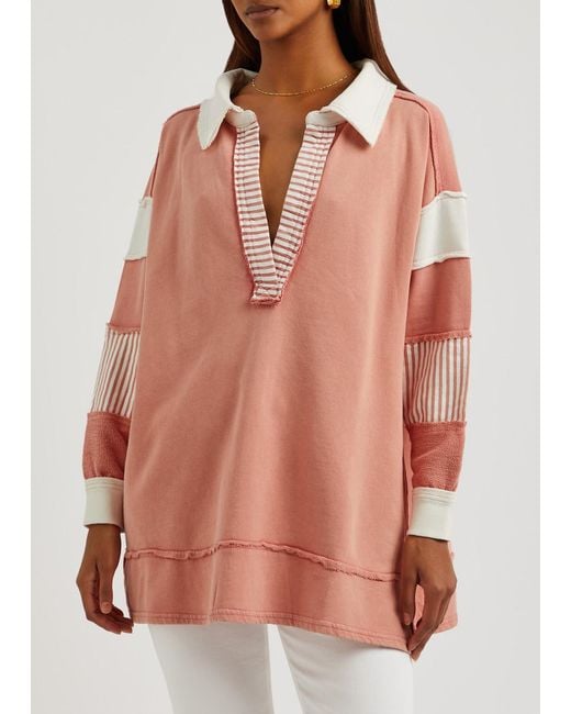 Free People Pink Clean Prep Striped Cotton Polo Top