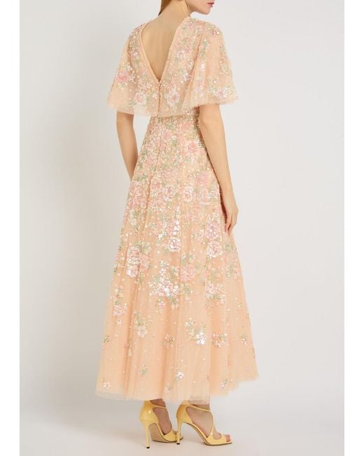 Needle & Thread Natural Sequin Bouquet Embellished Cape-Effect Tulle Gown