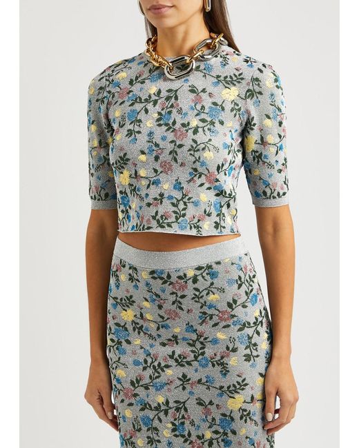 Rabanne Blue Glittered Floral-jacquard Knitted Top