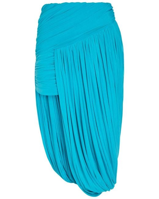 Ronny Kobo Blue Wes Asymmetric Ruched Tissue Jersey Midi Skirt