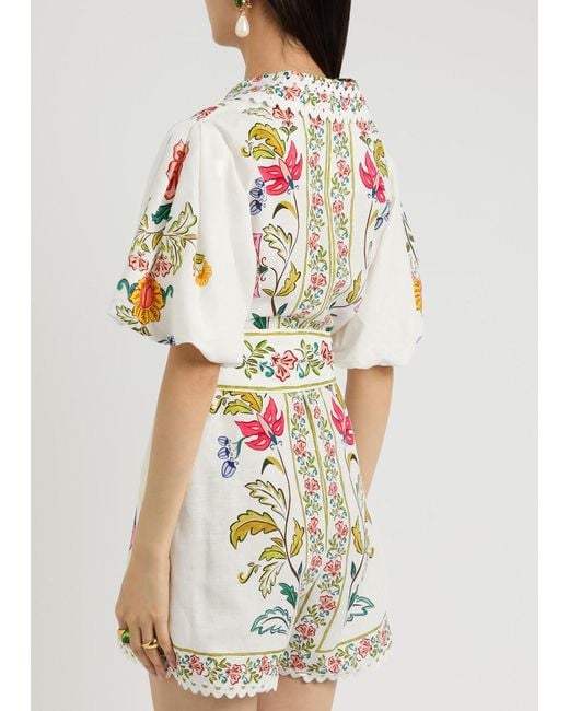 Farm Rio White Floral Insects Printed Linen-Blend Playsuit