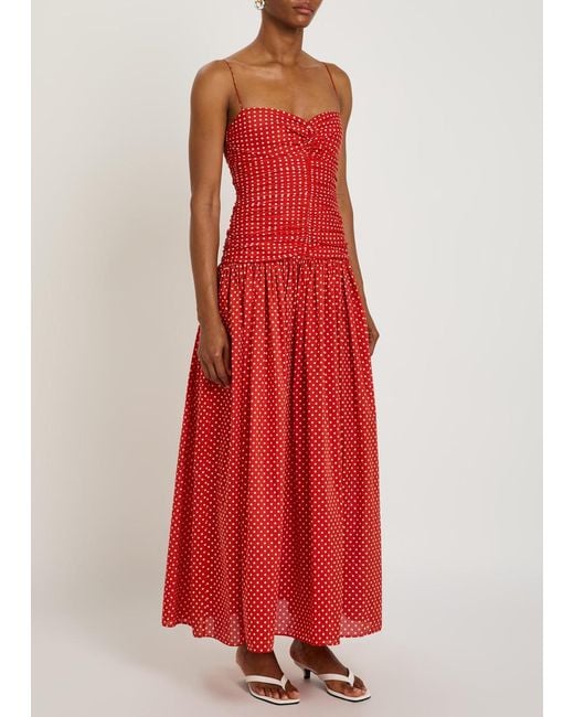 Matteau Polka Dot Gathered Cotton-Blend Midi Dress