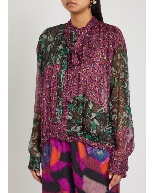 Dries Van Noten Red Cenvy Printed Silk-Georgette Blouse