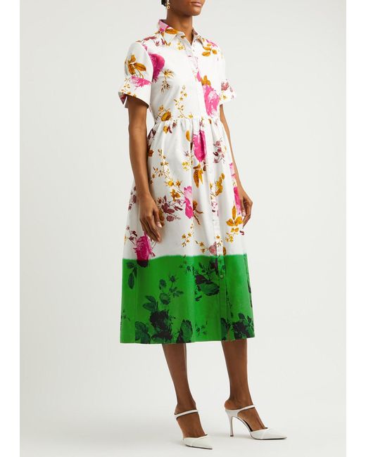 Erdem Green Floral-Print Cotton Midi Dress