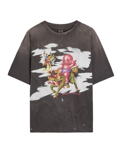 SAINT Mxxxxxx Gray Damaged Printed Cotton T-Shirt for men