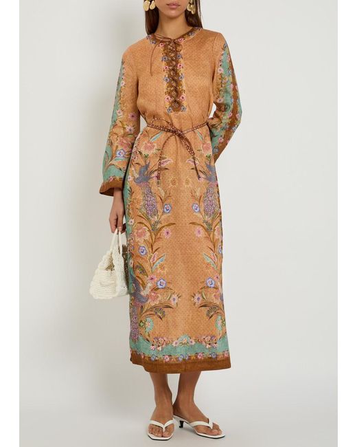 Zimmermann Natural Indra Belted Printed Linen Midi Tunic Dress