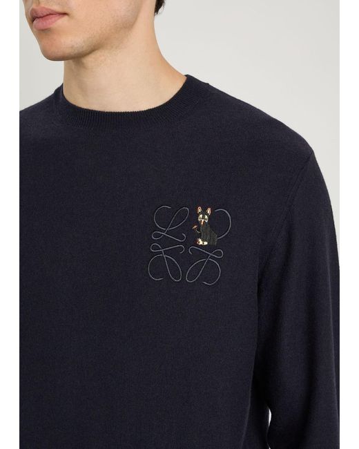 Loewe Blue Logo-Embroidered Wool-Blend Jumper for men