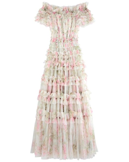 Needle & Thread Natural Rose Lisette Off-The-Shoulder Ruffled Tulle Gown
