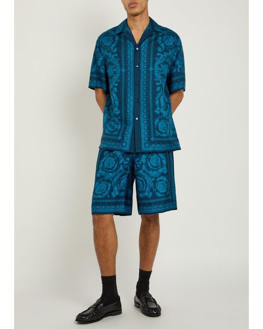 Versace Blue Printed Silk Shorts for men