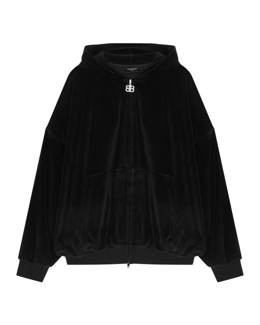 Balenciaga Black Crystal-Embellished Hooded Velour Sweatshirt