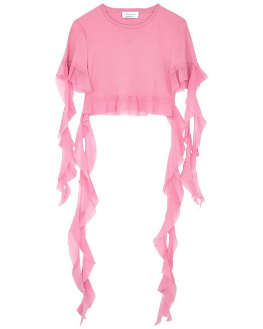 Blumarine Pink Ruffled Cropped Cotton T-shirt