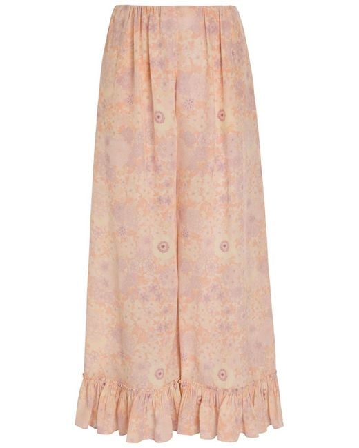 Chloé Pink Floral-Print Frill Wide-Leg Silk Trousers