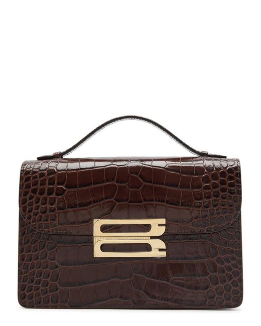 Victoria Beckham Brown Dorian Small Crocodile-Effect Leather Top Handle Bag