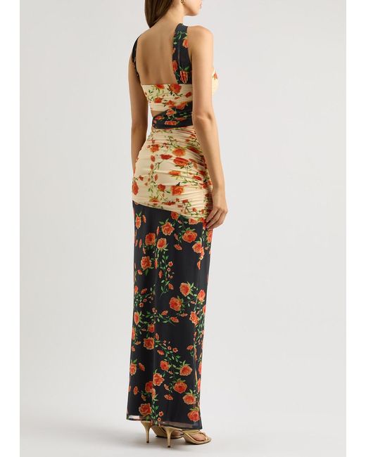 De La Vali Black Nudo Floral-Print Mesh Maxi Dress