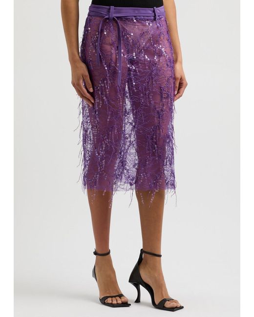 Christopher Esber Purple Sequin-Embellished Fringed Lace Midi Skirt