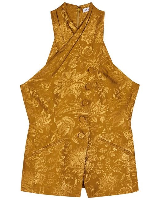 Veronica Beard Yellow Pacey Floral-Jacquard Satin Top