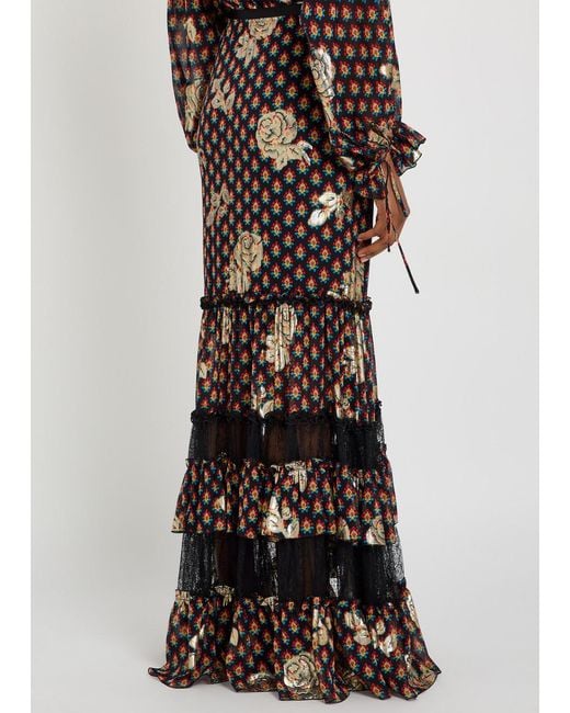 Etro Black Floral-Embroidered Silk Maxi Skirt