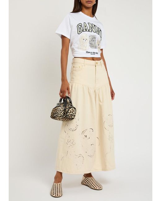 Ganni Natural Embroidered Denim Midi Skirt