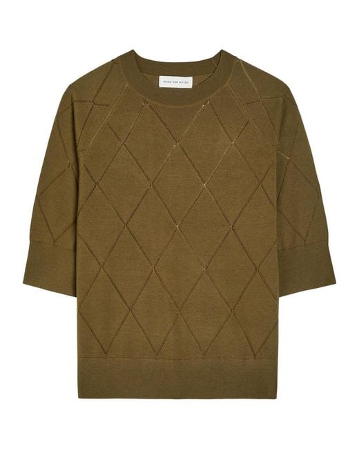Dries Van Noten Green Tuan Diamond-Stitch Merino Wool Top