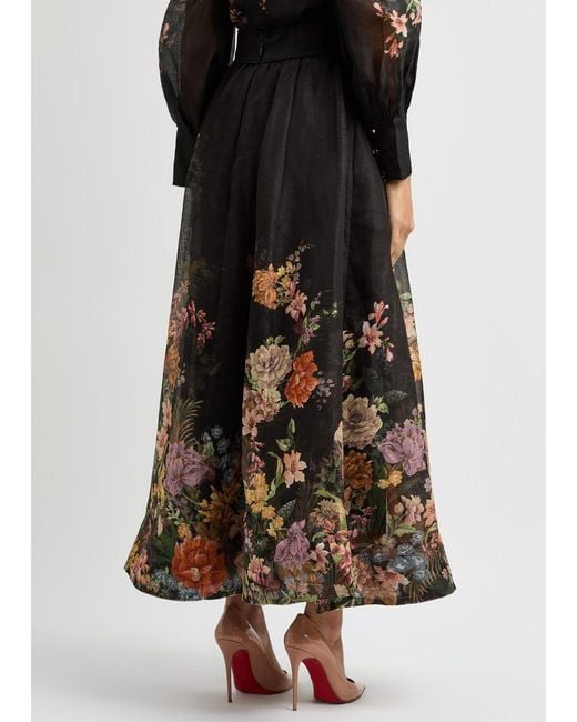 Zimmermann Black Pavillion Floral-Print Linen-Blend Midi Skirt