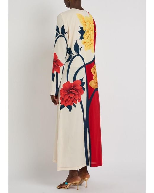 LaDoubleJ Red Floral-Print Stretch-Crepe Midi Dress