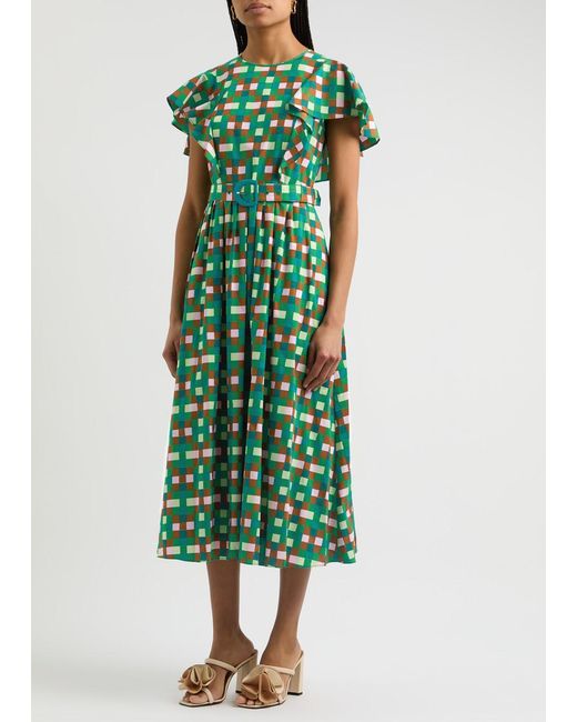 Diane von Furstenberg Green Damon Checked Cotton-Blend Midi Dress