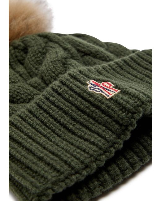 Moncler Green Pompom Cable-Knit Wool-Blend Beanie