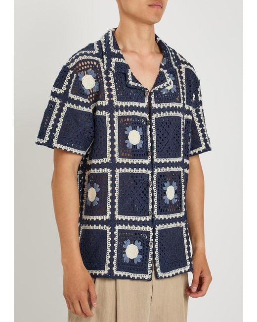 CHE Blue Tejer Patchwork Crot Open-Knit Shirt for men