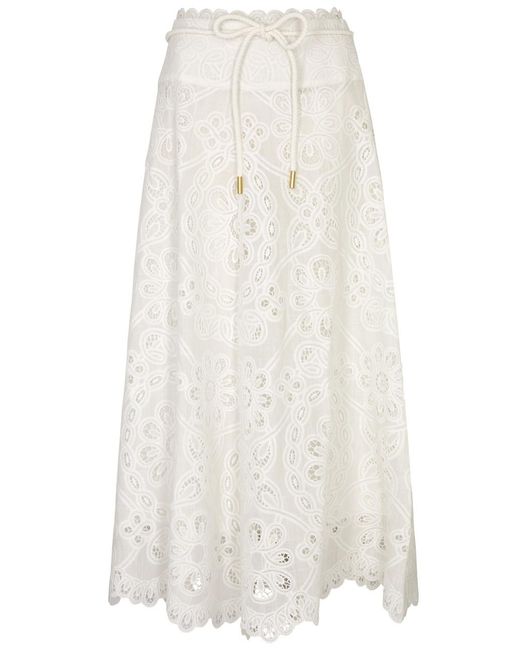 Zimmermann White Ottie Broderie Anglaise Cotton Midi Skirt