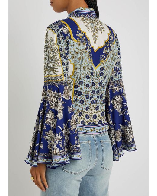 Alice + Olivia Blue Willa Floral Flared-Sleeve Chiffon Blouse