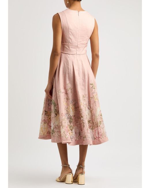 Zimmermann Pink Waverly Floral-Print Linen Midi Dress