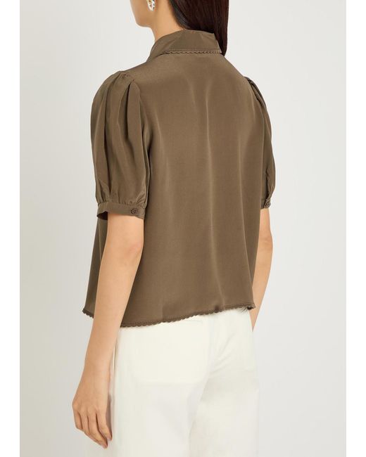 FRAME Brown The Silk Prim Cropped Silk-Chiffon Blouse