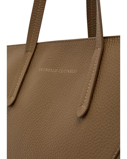 Brunello Cucinelli Brown Bead Medium Grained Leather Tote Bag