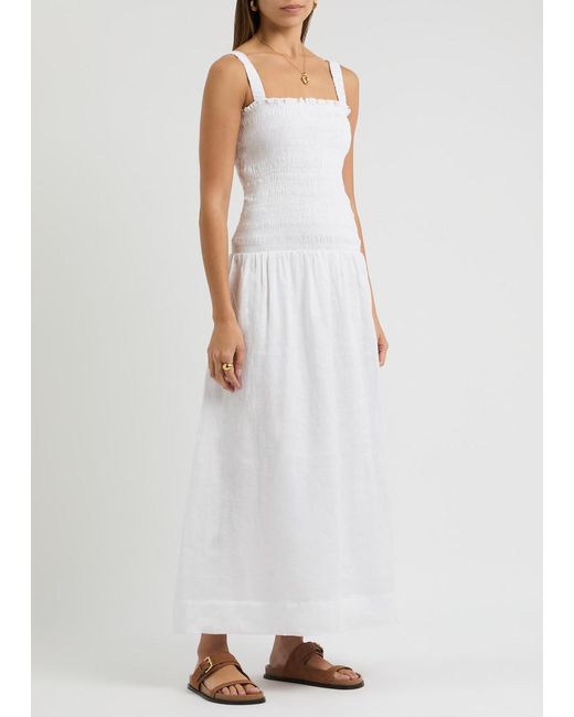 Faithfull The Brand White Messina Smocked Linen Maxi Dress